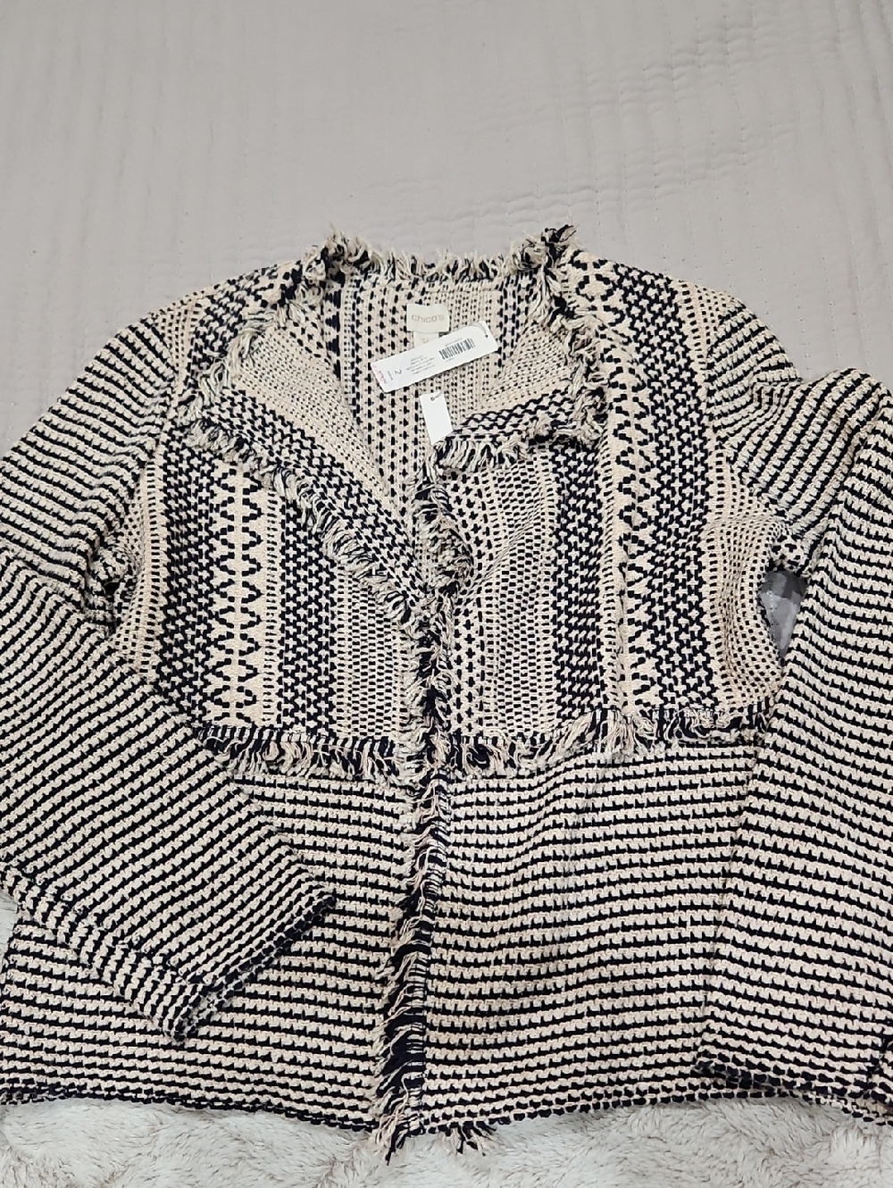 Chico's Black and Cream Textured Fringe Open Cardigan